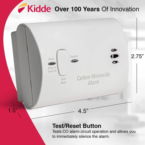 Carbon Monoxide Detector Battery Powered For Travel Or Home With 85 Decibel Alarm And LED Status Indicators Electrochemical Sensor No Wiring Required Two AA Batteries Included, showing dimensions and test/reset button