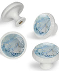 Four Pack Straight Up Stunning Marble Look Glass Cabinet Knobs With Light Blue Gold Texture Round Drawer Pulls For Kitchen Cupboards Dresser Doors A Total Vibe Upgrade, close-up view of round blue gold glass knobs.