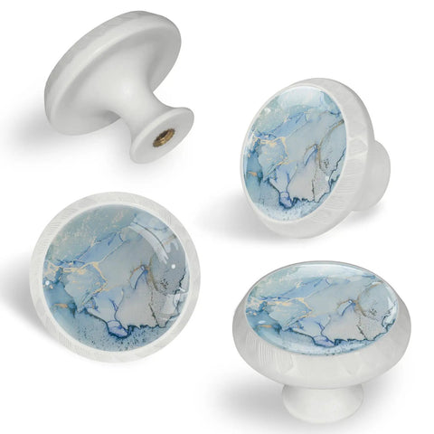Four Pack Straight Up Stunning Marble Look Glass Cabinet Knobs With Light Blue Gold Texture Round Drawer Pulls For Kitchen Cupboards Dresser Doors A Total Vibe Upgrade, close-up view of round blue gold glass knobs.