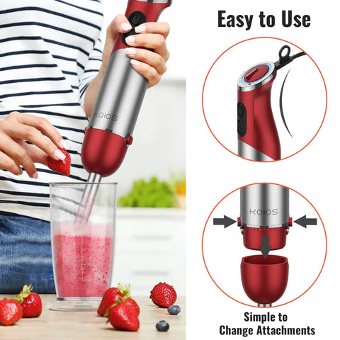 5-In-1 Hand Immersion Blender 1000W Copper Motor in use with 600ml beaker, preparing smoothie, highlights ease of attachment change, red color