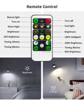 Top Tier Rechargeable LED Wall Sconces With Remote Dimming USB C Charging And Cordless Mounting remote control layout with brightness options.