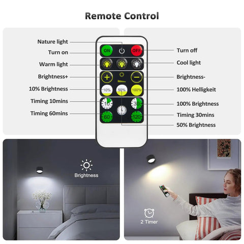 Top Tier Rechargeable LED Wall Sconces With Remote Dimming USB C Charging And Cordless Mounting remote control layout with brightness options.