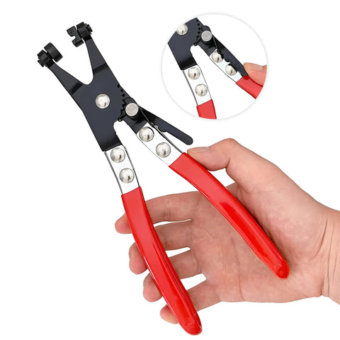 Pro Grade Hose Clamp Pliers with swivel flat band, heavy duty carbon steel, red PVC grips, held in hand for size reference