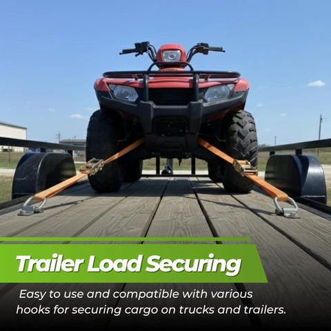 Lock Down Your Rig With 10 Piece 1/4 Inch Steel D Ring Tie Down Anchors 2400 Lbs securing ATV on trailer using D-ring anchors.