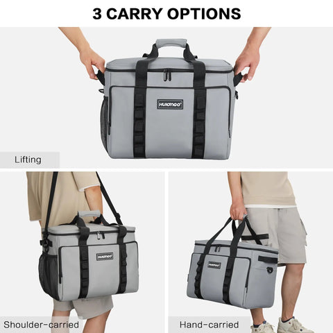 Insulated Cooler Bag Collapsible 32L Large Travel Cooler On The Go for Beach and Camping with 3 carry options shown, grey color