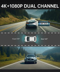 4K Rear View Mirror Dash Cam With 10 Inch Screen, Front And Rear Cameras showing car driving on a scenic road