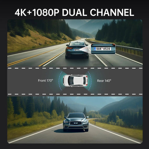 4K Rear View Mirror Dash Cam With 10 Inch Screen, Front And Rear Cameras showing car driving on a scenic road