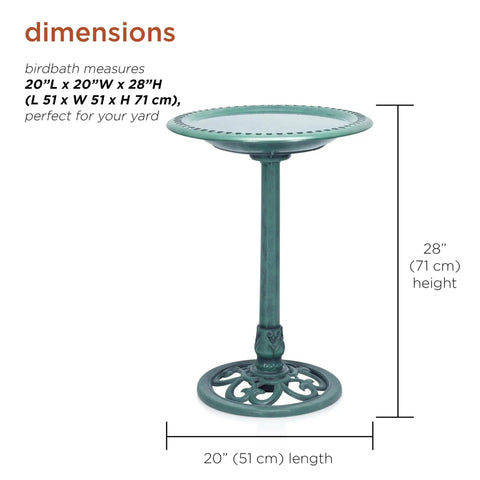 Pedestal Birdbath With Scrollwork In Aged Green For Outdoor Gardens And Patios 28 Inch Tall Shallow Bowl Ideal For Multiple Small Birds