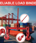 Red Beefy Ratchet Load Binders Half To Five Eighths Inch With Grab Hooks, 13,000 Lb Working Load Limit, displayed at a port
