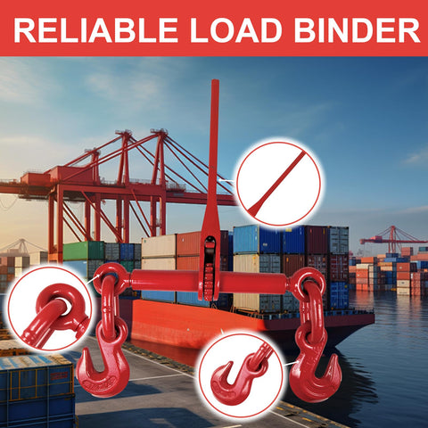 Red Beefy Ratchet Load Binders Half To Five Eighths Inch With Grab Hooks, 13,000 Lb Working Load Limit, displayed at a port