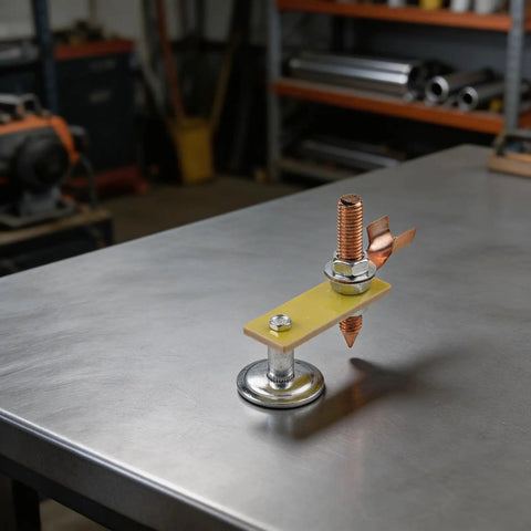 Hot Magnetic Welding Ground Clamp With Strong Magnet Head For Fast Setup On Flat Or Curved Metal Surfaces Quick Connect Earth Clip and secure metal plate with copper connector.