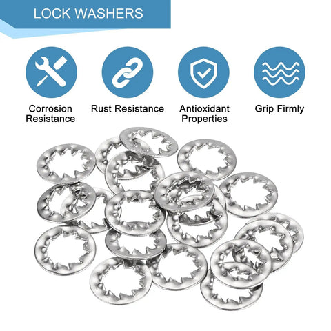 Top Shelf M8 Internal Tooth Lock Washers 20 Piece Box 304 Stainless Steel Serrated Star Nut Fasteners on display.