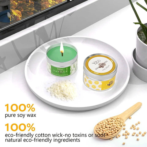 Beginner Friendly Candle Making Kit for Adults With Soy Wax 480g Wax Melter Fragrance Oils Dyes on white tray with soybeans.