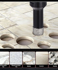 Diamond core drill bit set, 4 pieces, 6mm, 5/8-11 thread, black, installed on drill over tile