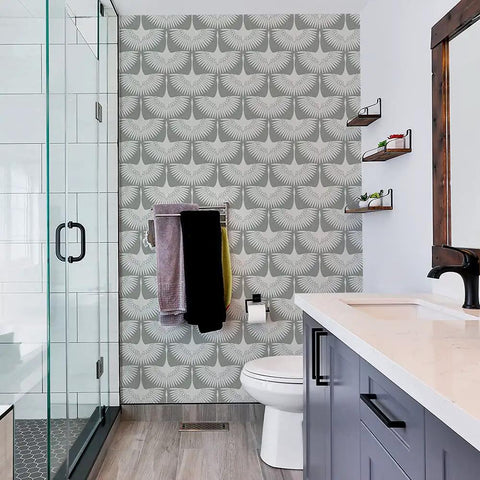 Chalk Feather Flock Peel And Stick Wallpaper Two Pack 20.5 Inches By 16.5 Feet Light Gray And Off White Made In The USA Genevieve Gorder Collab in modern bathroom.