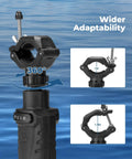 Game Changing Trolling Motor Stabilizer With 180 Degree Rotation, Adjustable mount for wider adaptability, with measurements.