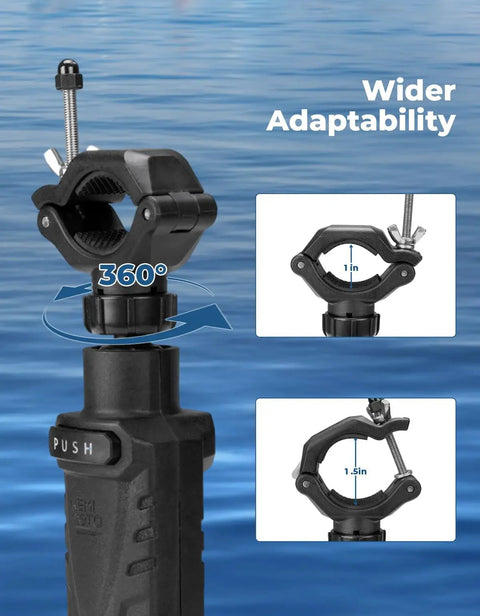 Game Changing Trolling Motor Stabilizer With 180 Degree Rotation, Adjustable mount for wider adaptability, with measurements.