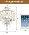 Straight Up Stunning Three Light Semi Flush Mount Crystal Ceiling Light Fixture In Vintage Rustic White Finish dimensions with iPad for scale.