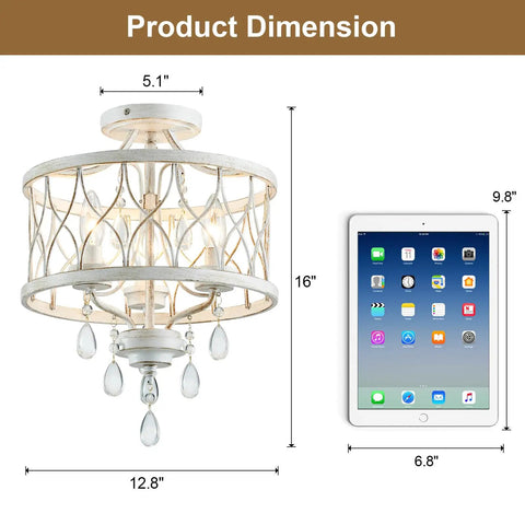Straight Up Stunning Three Light Semi Flush Mount Crystal Ceiling Light Fixture In Vintage Rustic White Finish dimensions with iPad for scale.