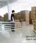 Light Duty Gravity Conveyor Slides With Smooth ABS Plastic Rollers For Effortless Cartons And Barreled Water Moving On Portable Metal Frame Unloading Pulley Silver 40cm Wide By 100cm Long, being carried in a warehouse.