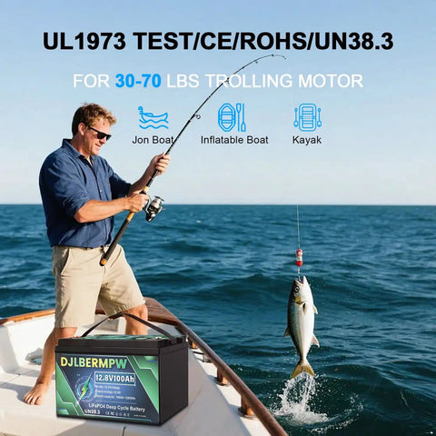 Man fishing on boat with 12V 100Ah LiFePO4 Battery With Built-In 100A BMS, ideal for trolling motors, lightweight and efficient.