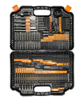 Heavy Workhorse High Speed Steel Drill Bit Set With Durable Storage Container For Fast Wood And Metal Drilling Plus No Sweat Cutting And Polishing Gear For Crews in a black storage case with various drill bits.