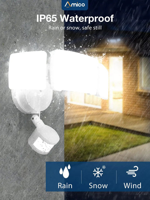Two Pack Outdoor Security Flood Lights With Motion Sensor, 40W LED, 4000 Lumens, 5000K Daylight White, IP65 Waterproof Exterior Garage And Yard Lighting With Adjustable Heads For A Super Bright Night