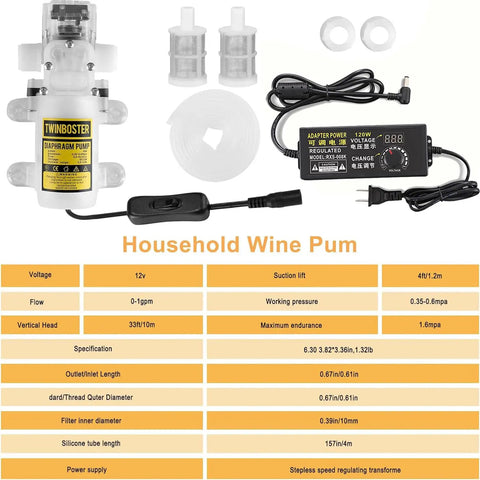 Hardworking Home Electric Wine Transfer Pump With Adjustable Speed Food Grade Silicone Hose Smooth As Butter For Beer And Beverages No Sweat Setup Self Priming Filter Kit with power adapter and tubing.