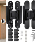 Six Inch Hidden Door Hinges Rock Solid Zinc Alloy Concealed Hardware showcasing matte black finish and installation accessories.