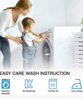 Mother and daughter using washing machine with easy care wash instructions highlighted below.