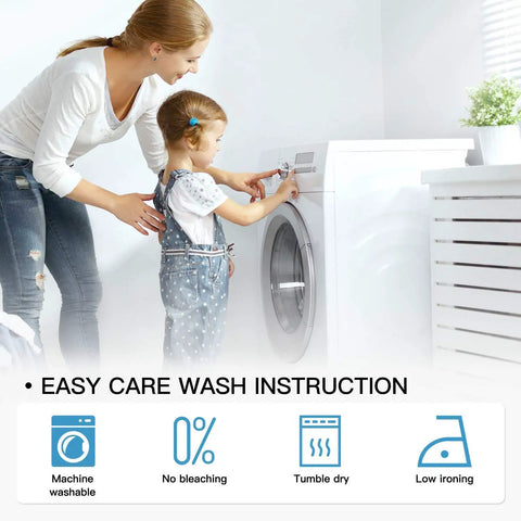Mother and daughter using washing machine with easy care wash instructions highlighted below.