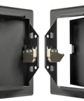 Heavy Hitter Six By Six Inch Galvanized Steel Service Door featuring tight click hinges and stealth anthracite plate, opened view.