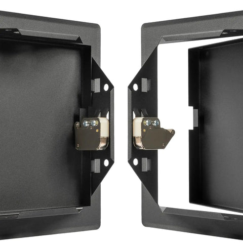 Heavy Hitter Six By Six Inch Galvanized Steel Service Door featuring tight click hinges and stealth anthracite plate, opened view.