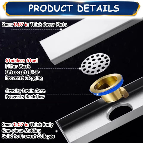 Sleek Tile Flush Linear Shower Drain With Ultra Fast Drainage And Rock Solid 304 Stainless Steel Build Designed To Handle Heavy Daily Traffic In Your Modern Bathroom Space, showing detailed parts and thickness.