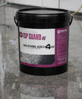 Hardcore 5 Gallon High Gloss Concrete And Floor Sealer That Kicks It With Slick Stain Resistance And Lithium Fortified, black bucket on polished floor.