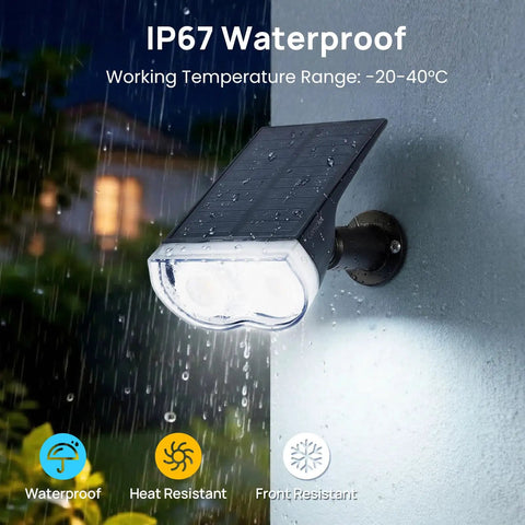 Outdoor Solar Lights Waterproof IP67 3 Lighting Modes Auto On Off 2 In 1 Solar Landscape Light mounted on wall under rain