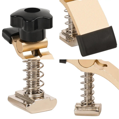 Two Pack Mini Hold Down Clamps Kit for CNC Routers close-up, showing springs and knobs, compact 2.5 Inch long, T slot compatible