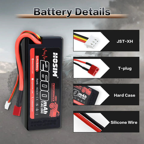 Two Pack 7.4V 2S 2600mAh LiPo Battery 25C with USB Charger and Battery Strap for RC Vehicles, JST-XH and T-plug connectors
