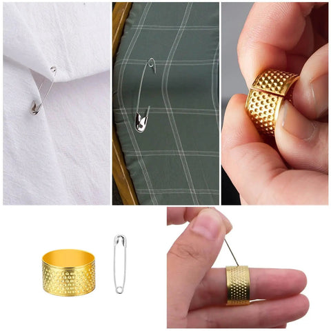 Close-up of safety pins and gold thimbles from 112 Pairs Sewing Hooks And Eyes Closure Kit For Pro Grade DIY Fashion Projects