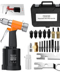 Go-To Pneumatic Hydraulic Rivet Nut Gun Set With 8 Mandrels And Storage Case plus tools and accessories visible