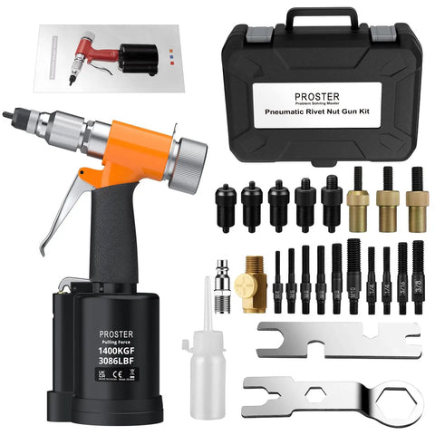 Go-To Pneumatic Hydraulic Rivet Nut Gun Set With 8 Mandrels And Storage Case plus tools and accessories visible
