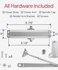 Built Tough Heavy Duty Surface Mounted Automatic Door Closer For Home Garage And Light Commercial Use With Cast Aluminum Construction, Steel Arm, High Tensile Springs, Heat Treated Piston And Pinions, Powder Coated Finish Embassy Series LH534 shown with hardware included