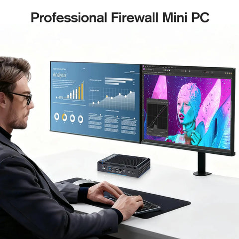 Person using a keyboard with the Rock Solid Fanless Router Firewall Mini PC on a desk with dual monitors displaying graphs and images.