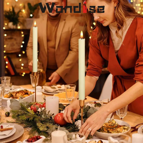 Ivory Flameless Taper Candles With Timer 6 Pack Battery Operated LED Flickering 3D Flame Real Wax Candles on festive table