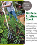 Lifetime Garden Spork From Gardeners Supply Co, hand-forged Swedish boron steel, ash handle, used for gardening.