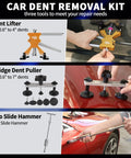 Image of Pro DIY PDR Dent Repair Kit with 148 pieces showing dent lifter, bridge dent puller, and slide hammer for car dent repair.