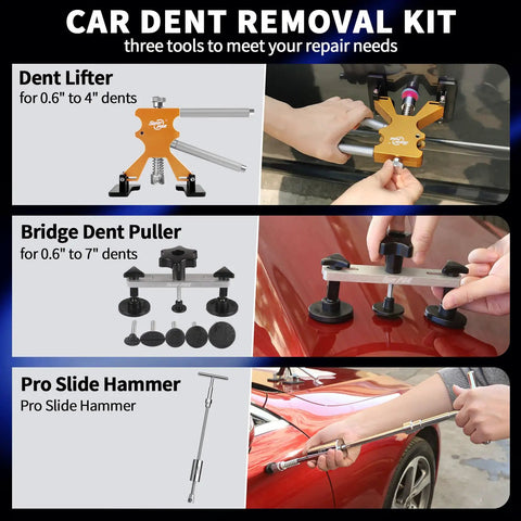 Image of Pro DIY PDR Dent Repair Kit with 148 pieces showing dent lifter, bridge dent puller, and slide hammer for car dent repair.
