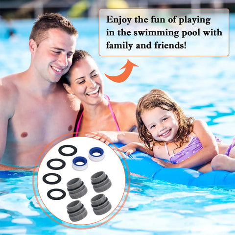 Family enjoying pool with Universal Pool Hose Conversion Adapters Kit 40mm To One And A Half Inch Four Pack shown in inset