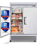 54 Inch Stainless Steel Upright Double Door Commercial Freezer Frost Free 49 Cu Ft Reach In For Restaurant Garage Or Industrial Kitchen With Cubigel Compressor And Energy Savings Up To 40 Percent open view with stored food