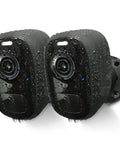 Two Pack Wireless Outdoor Security Cameras With Magnetic Mounts, Battery Powered For Months, shown with raindrops on surface.